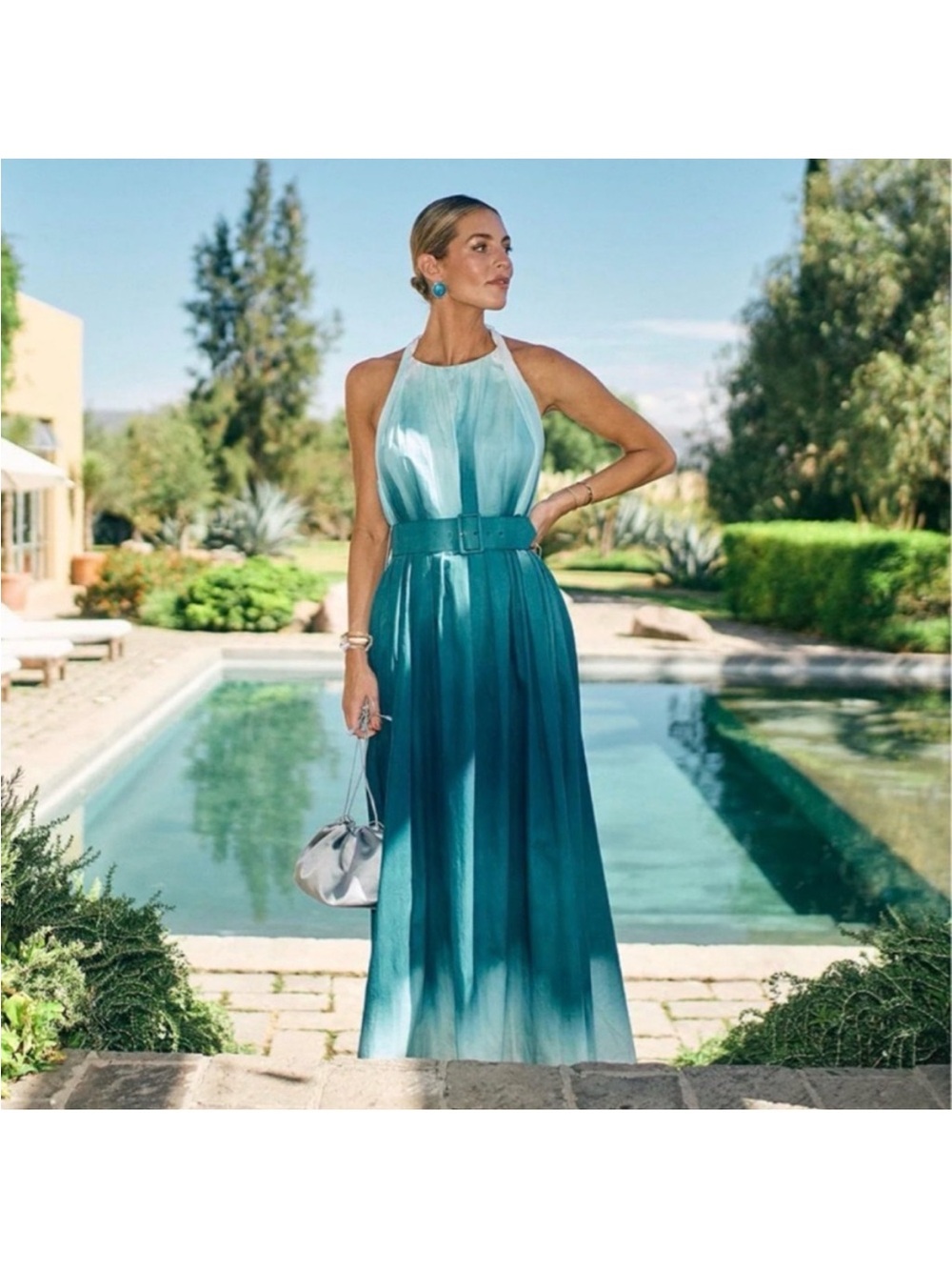 Antonio Melani x MG Style Halter Neck Blue Ombre Belted Maxi Dress Size 2